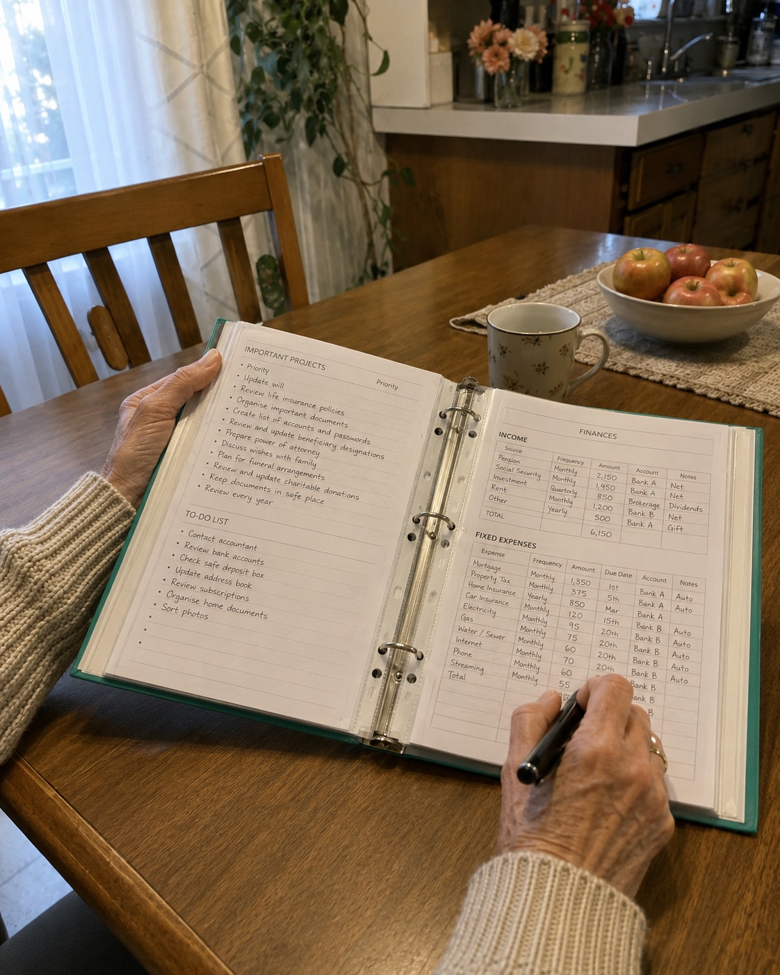 A customer filling in her kit folder at the kitchen table — accounts, income and expenses all in one place.